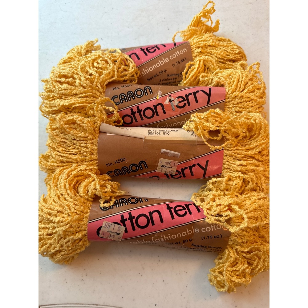 4 Skeins Caron Cotton Terry Yarn Sunflower Yellow 5013 Vintage 85% Cotton 150g